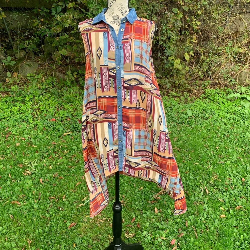 Southwestern inspired High - low collared button up pattern BoHo patchwork dress